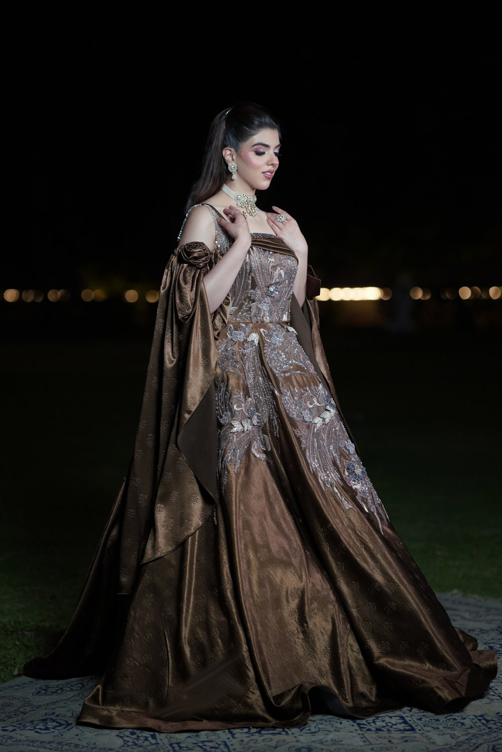 Mocha Elegance Cape Sleeve Engagement Gown - Image 4