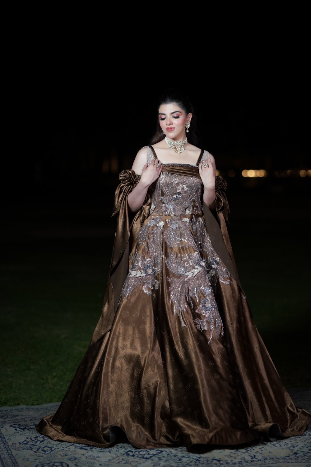 Mocha Elegance Cape Sleeve Engagement Gown - Image 3