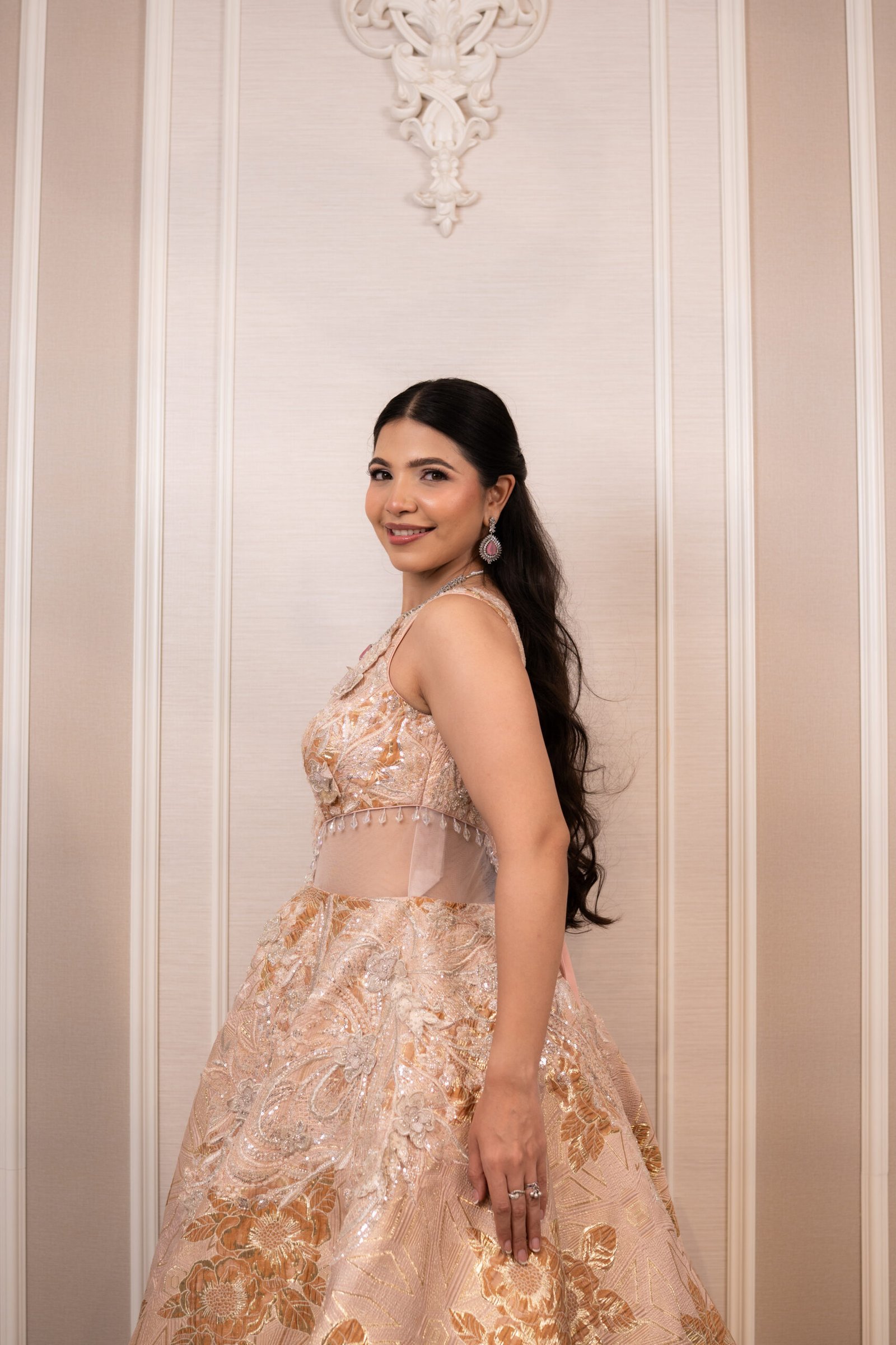 Enchanted Blush Pink Gown in Glitter Sheer Fabric with Hand-Embroidered Motifs - Image 2