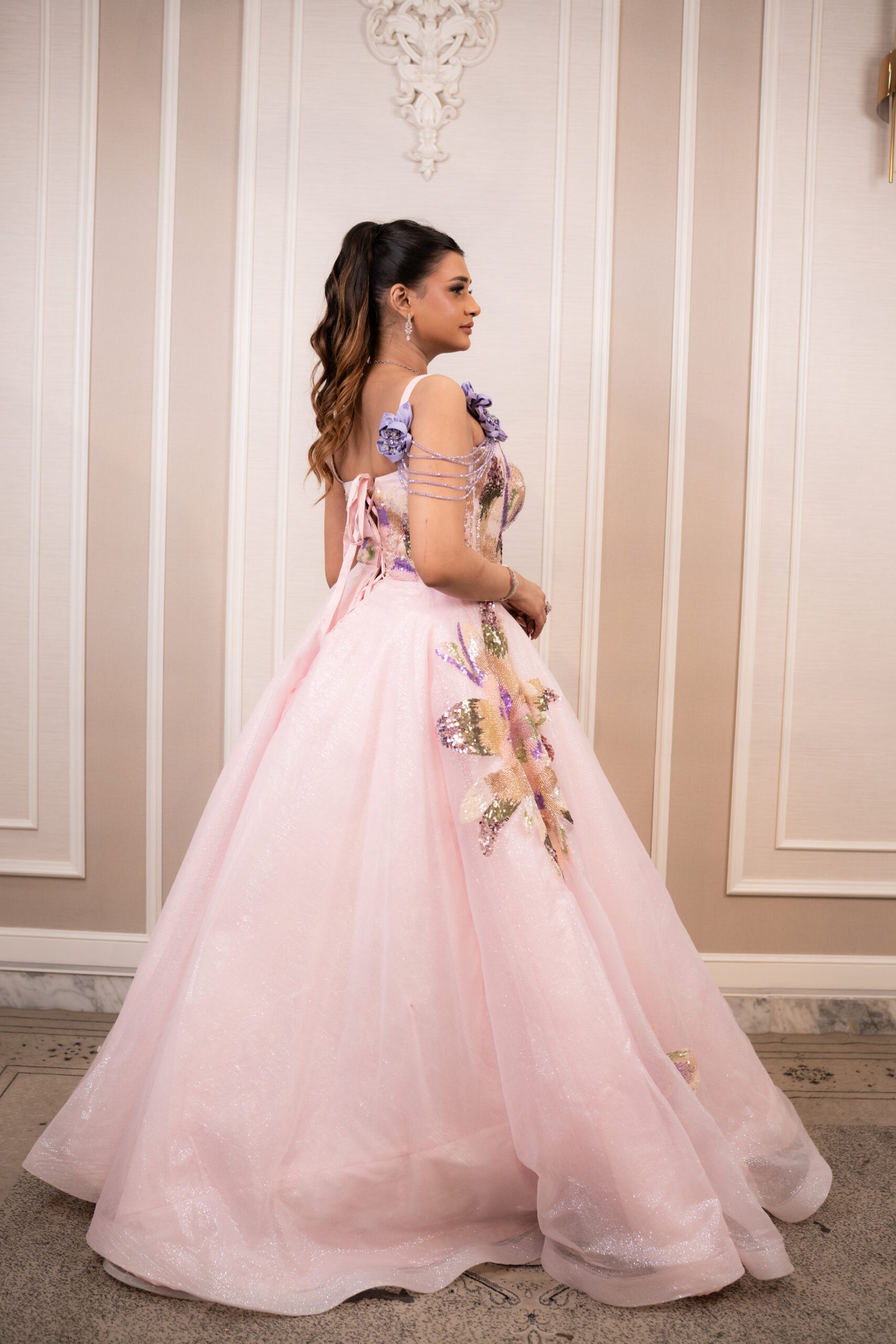 Enchanted Blush Pink Gown in Glitter Sheer Fabric with Hand-Embroidered Motifs - Image 6