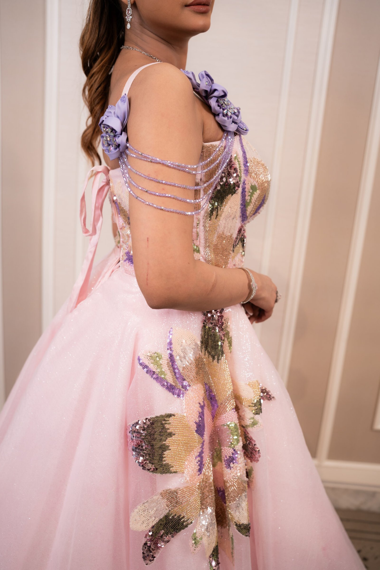 Enchanted Blush Pink Gown in Glitter Sheer Fabric with Hand-Embroidered Motifs - Image 8