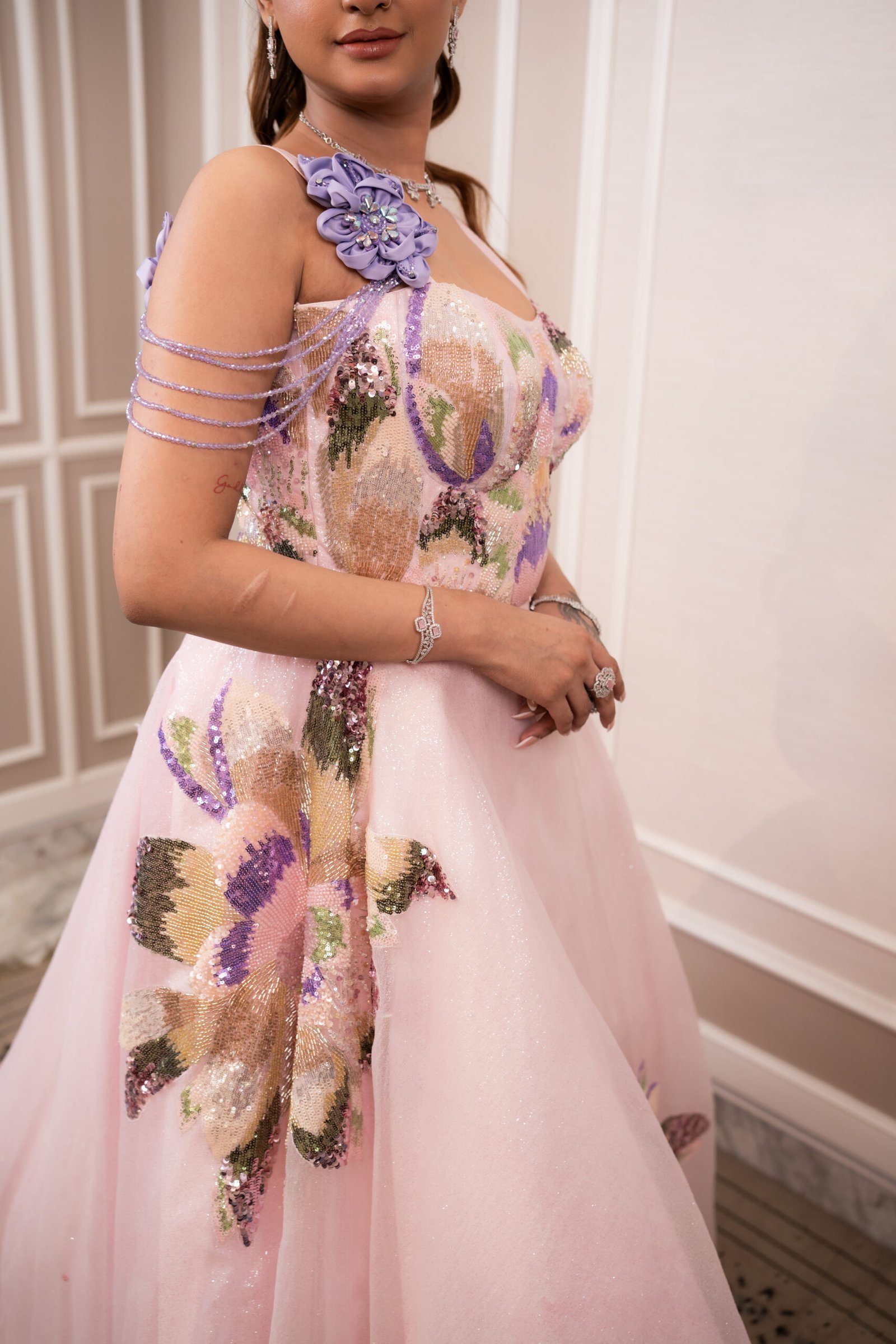 Enchanted Blush Pink Gown in Glitter Sheer Fabric with Hand-Embroidered Motifs - Image 9