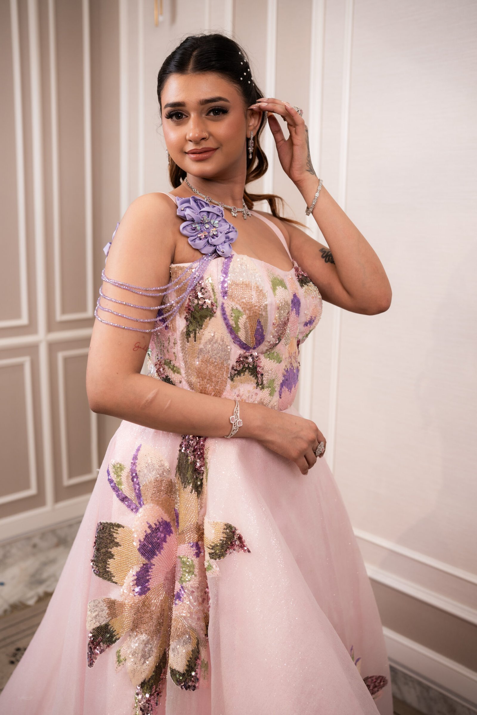 Enchanted Blush Pink Gown in Glitter Sheer Fabric with Hand-Embroidered Motifs - Image 3