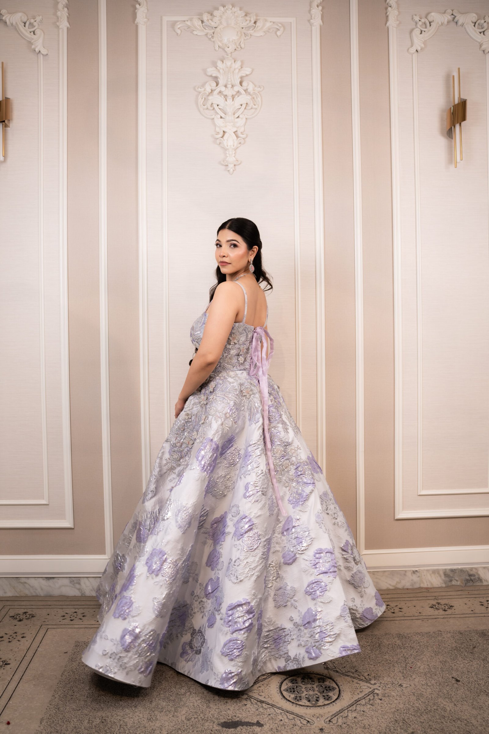 Lilac & Silver 3D Embossed Metallic Silk Gown - Image 5