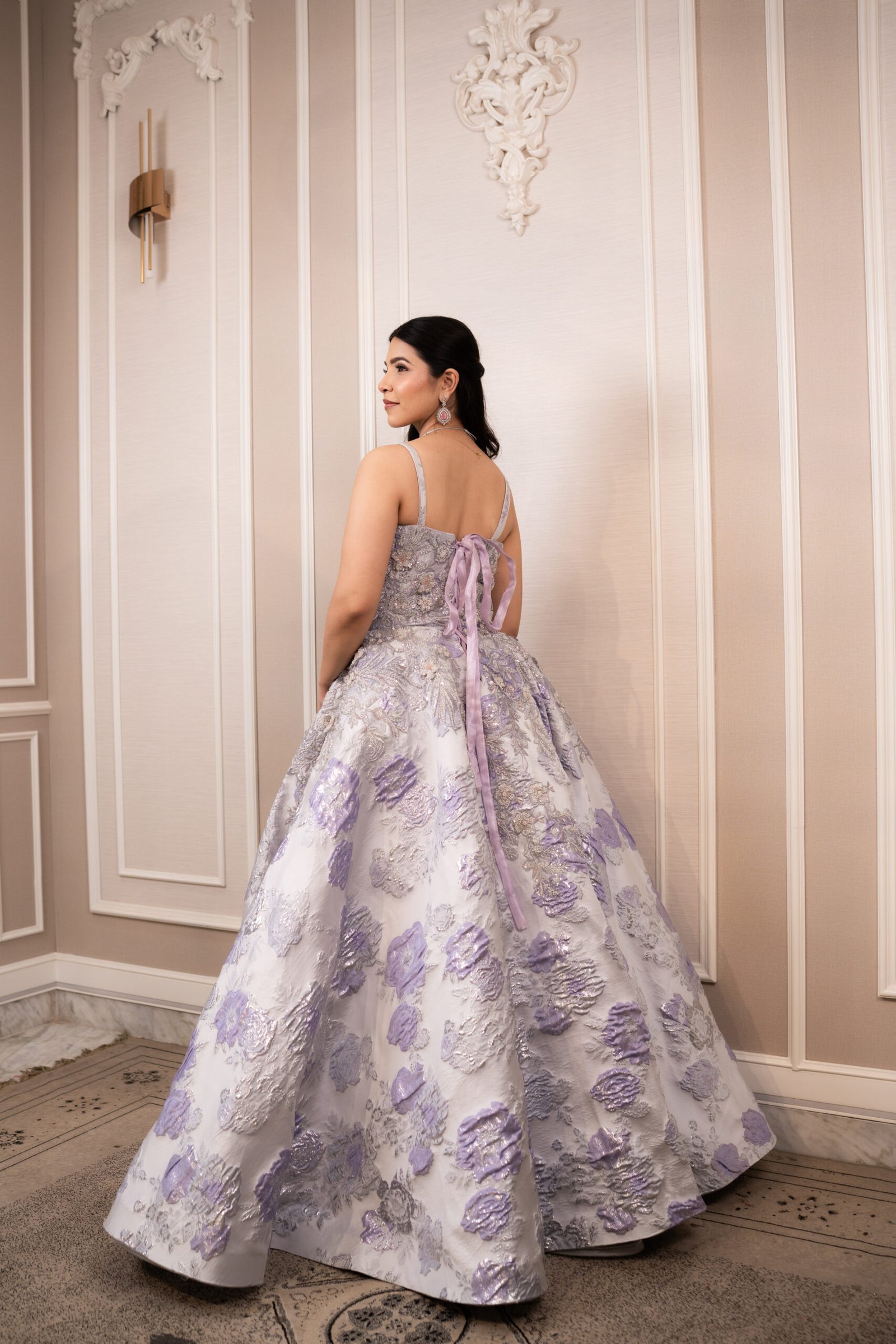 Lilac & Silver 3D Embossed Metallic Silk Gown - Image 7