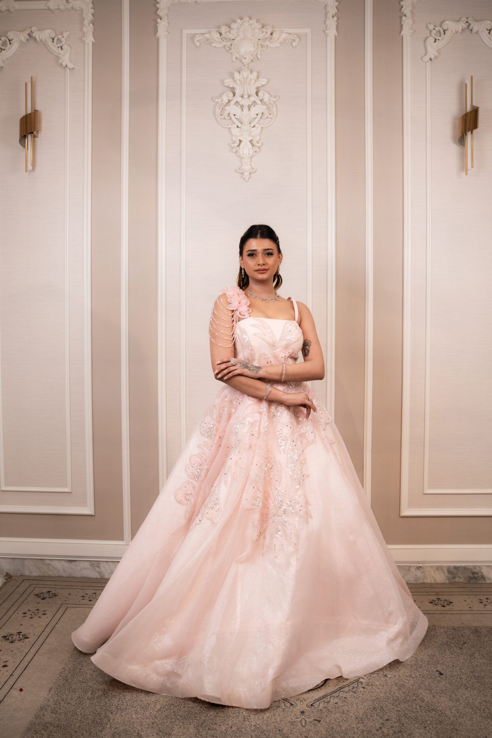 Ethereal Baby Pink Gown in Glitter Sheer Fabric with Hand-Embroidered Motifs - Image 2