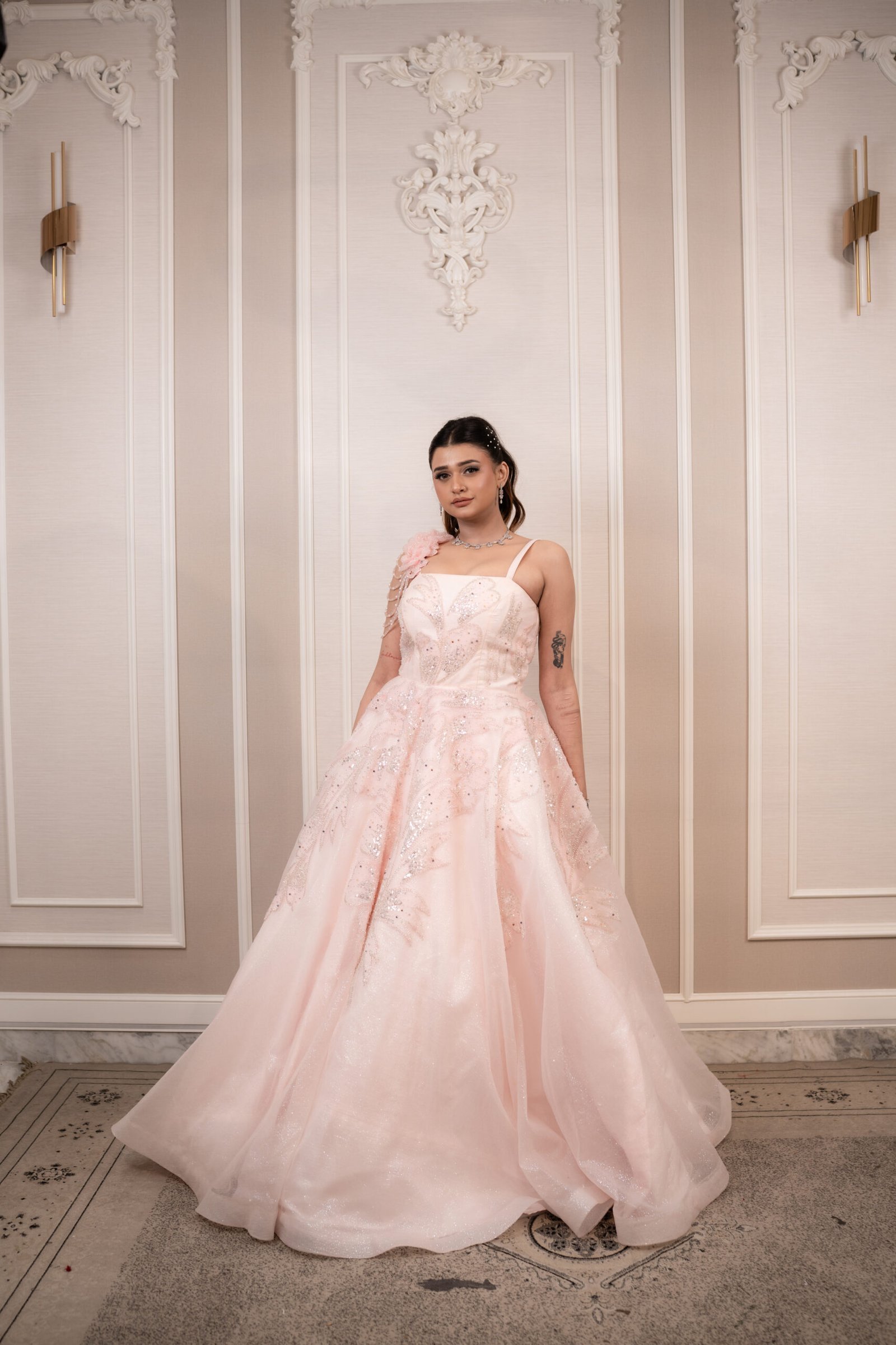 Ethereal Baby Pink Gown in Glitter Sheer Fabric with Hand-Embroidered Motifs - Image 4