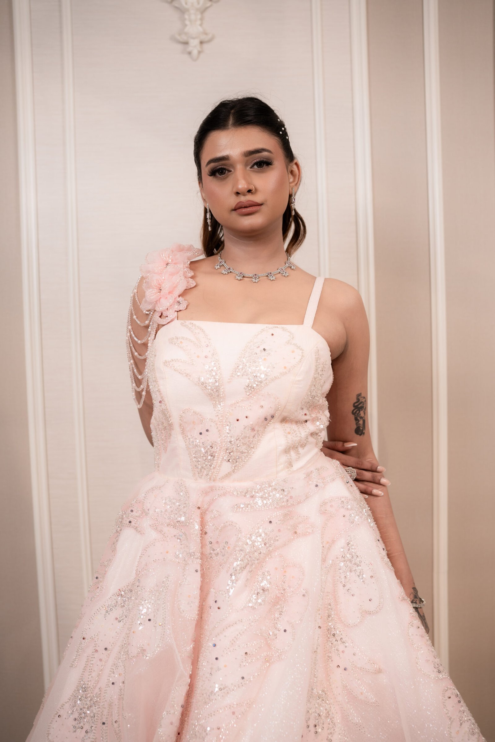 Ethereal Baby Pink Gown in Glitter Sheer Fabric with Hand-Embroidered Motifs - Image 5