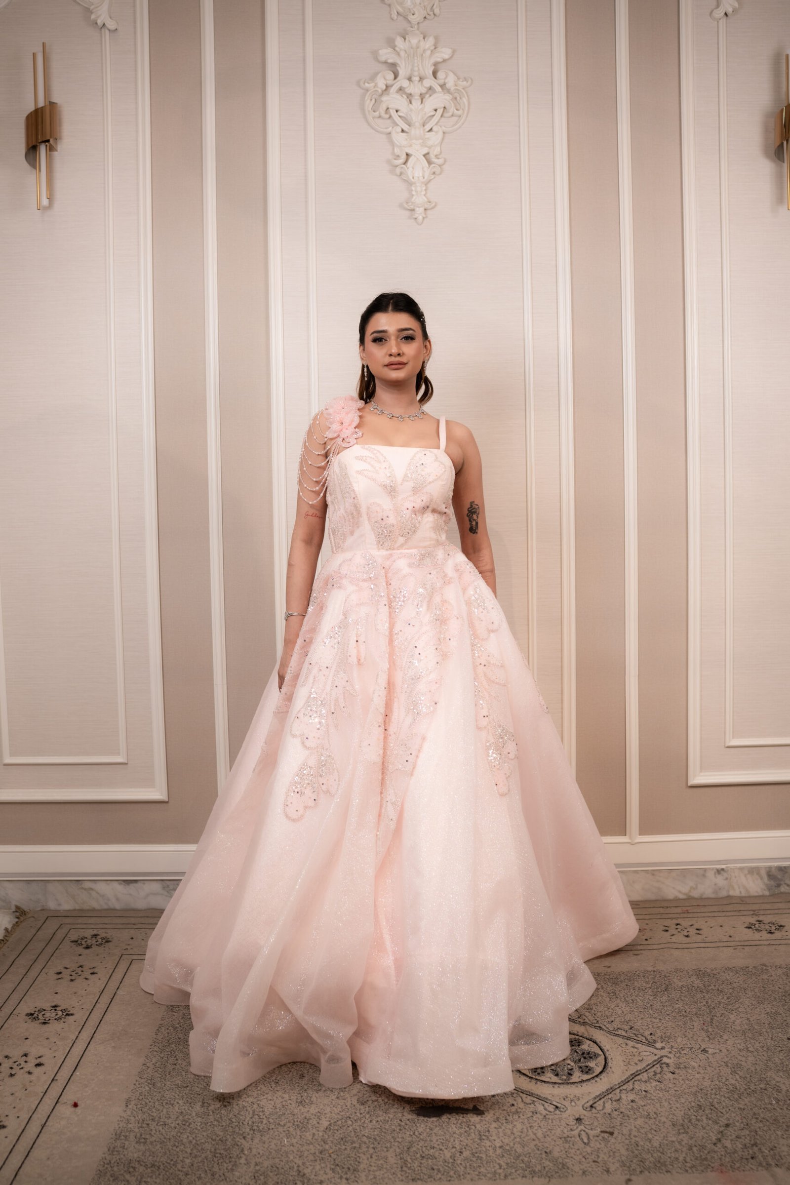 Ethereal Baby Pink Gown in Glitter Sheer Fabric with Hand-Embroidered Motifs