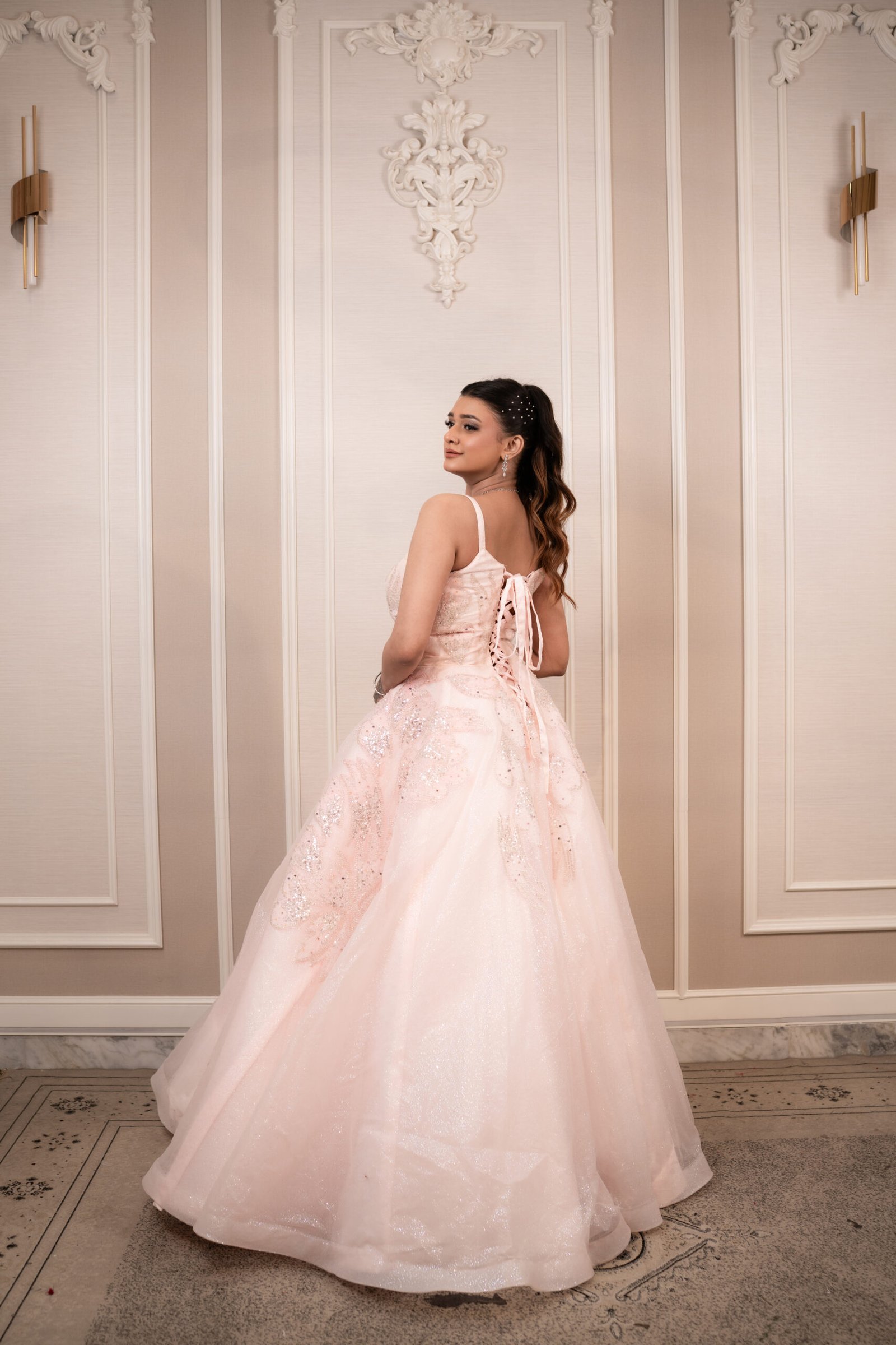 Ethereal Baby Pink Gown in Glitter Sheer Fabric with Hand-Embroidered Motifs - Image 6