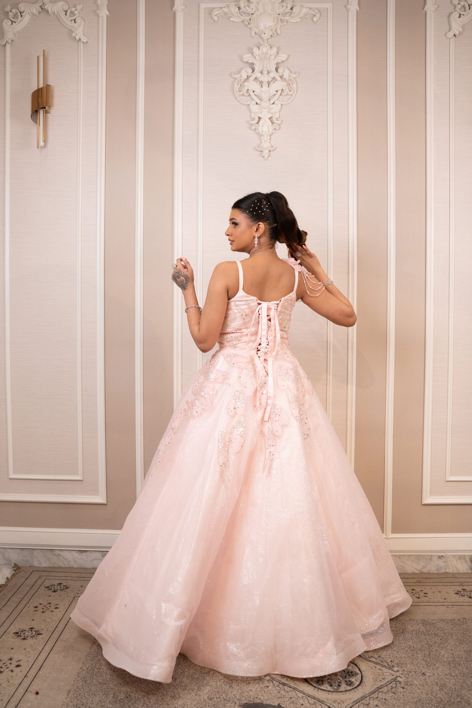 Ethereal Baby Pink Gown in Glitter Sheer Fabric with Hand-Embroidered Motifs - Image 7