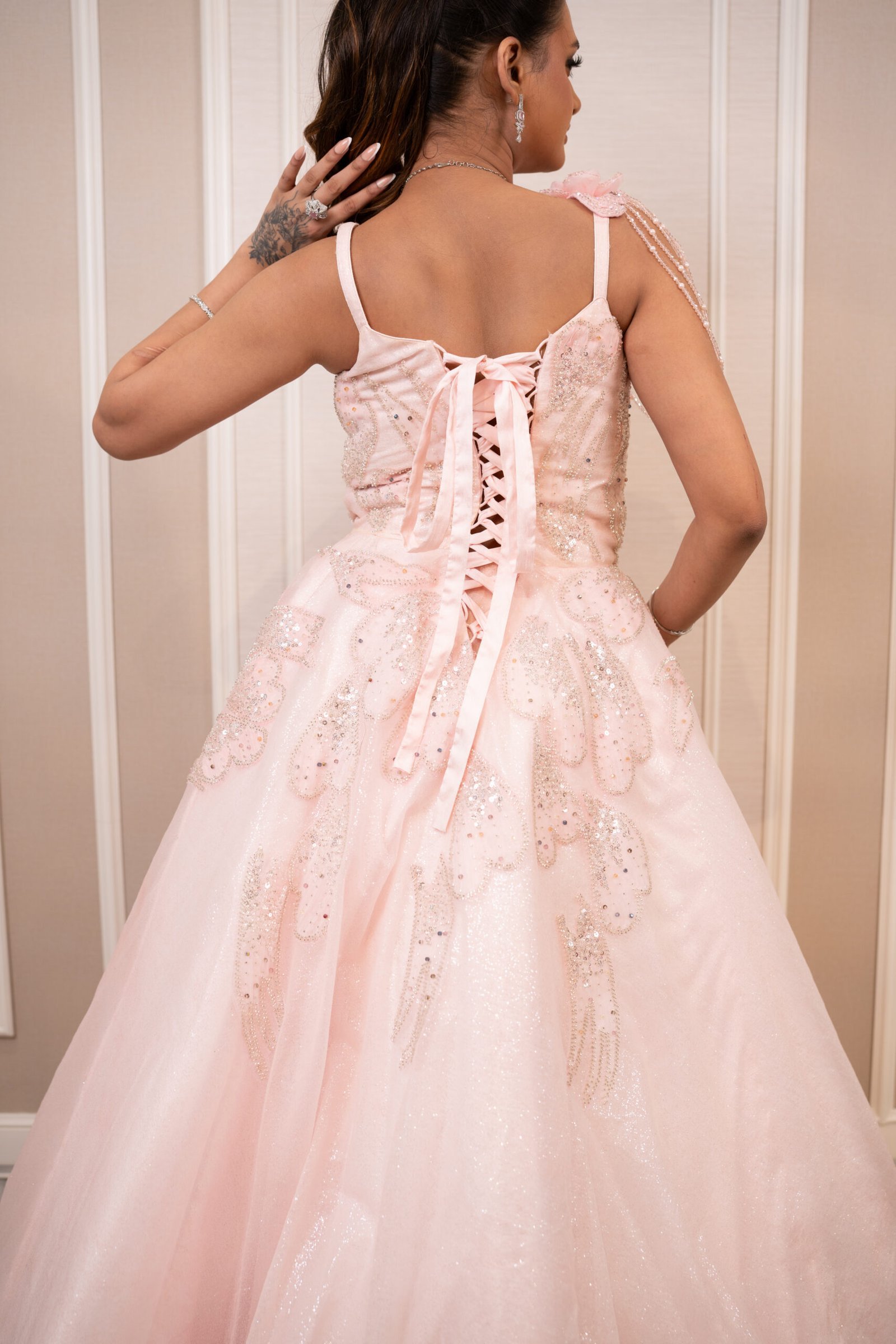 Ethereal Baby Pink Gown in Glitter Sheer Fabric with Hand-Embroidered Motifs - Image 8