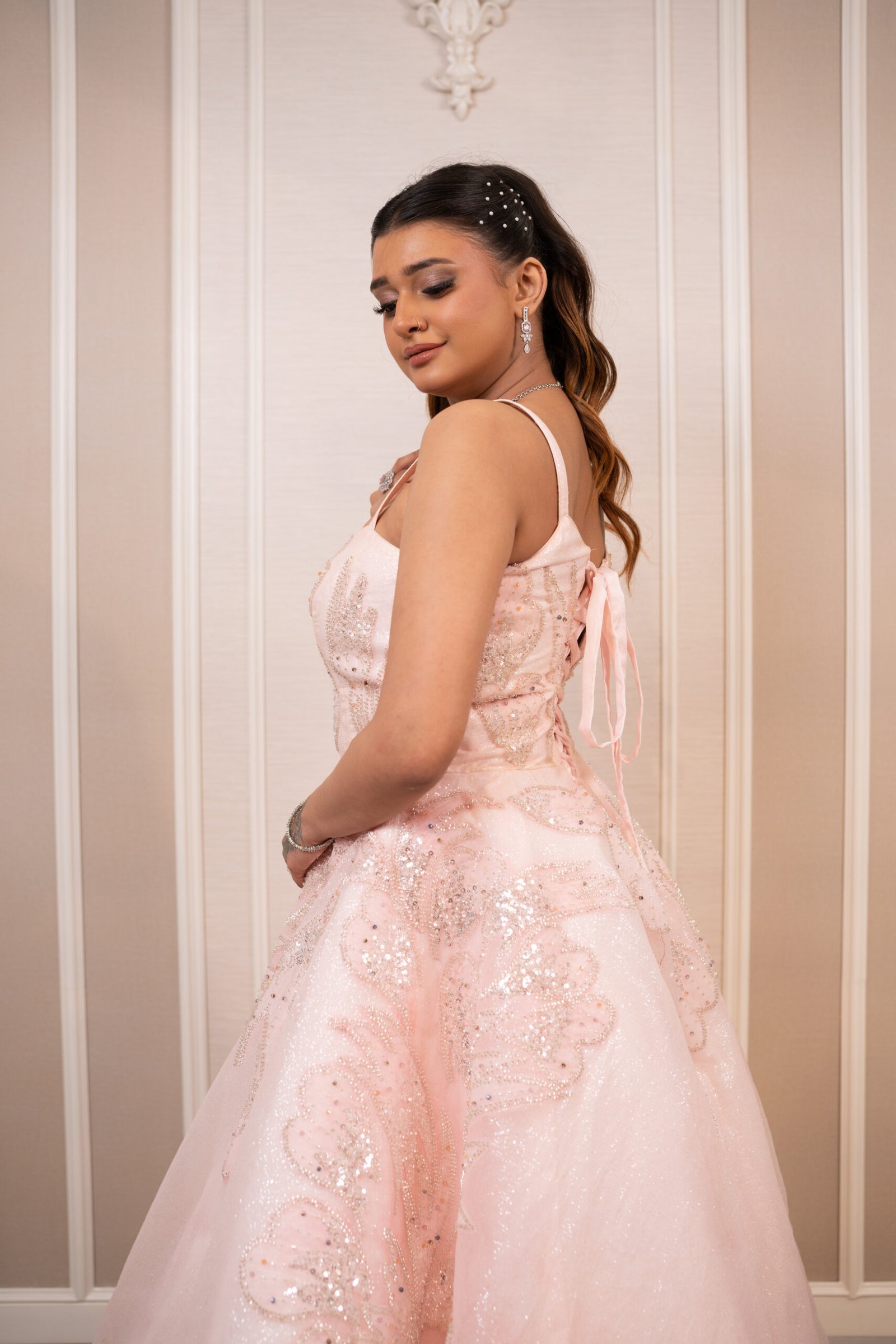 Ethereal Baby Pink Gown in Glitter Sheer Fabric with Hand-Embroidered Motifs - Image 9