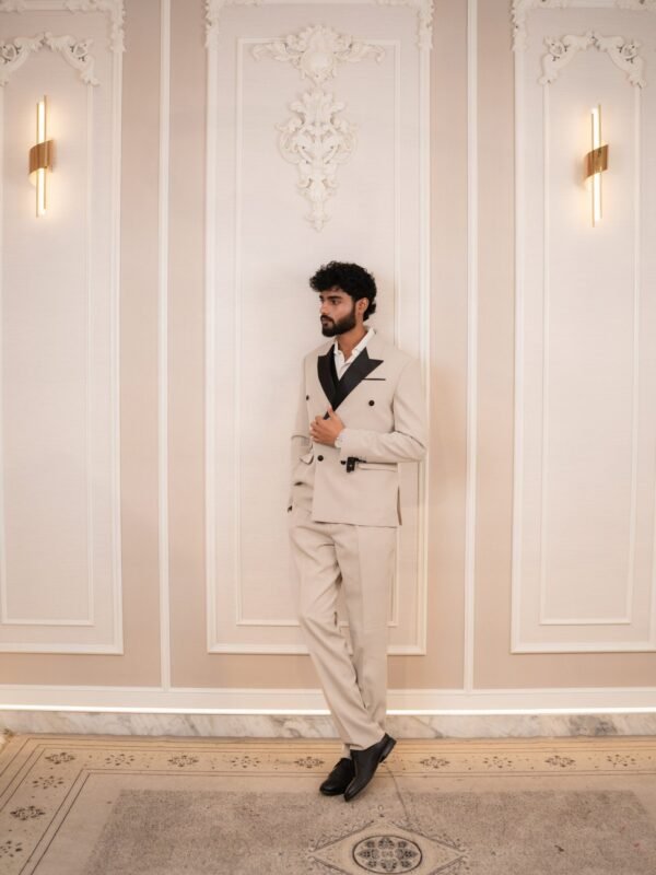 Men's Off-White & Black Contrast Peak Lapel Double-Breasted 3-Piece Tuxedo Suit (Imported from Istanbul, Turkey)