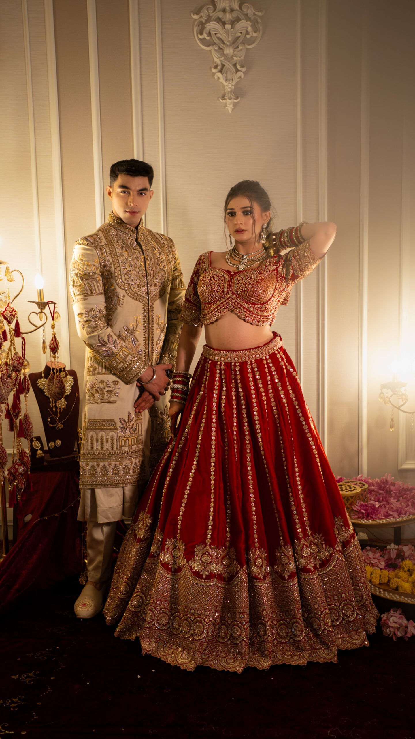 The Mangalarambh Collection: Royal Cherry Red Bridal Lehenga & Deep Oyster Kalakari Sherwani - Image 2