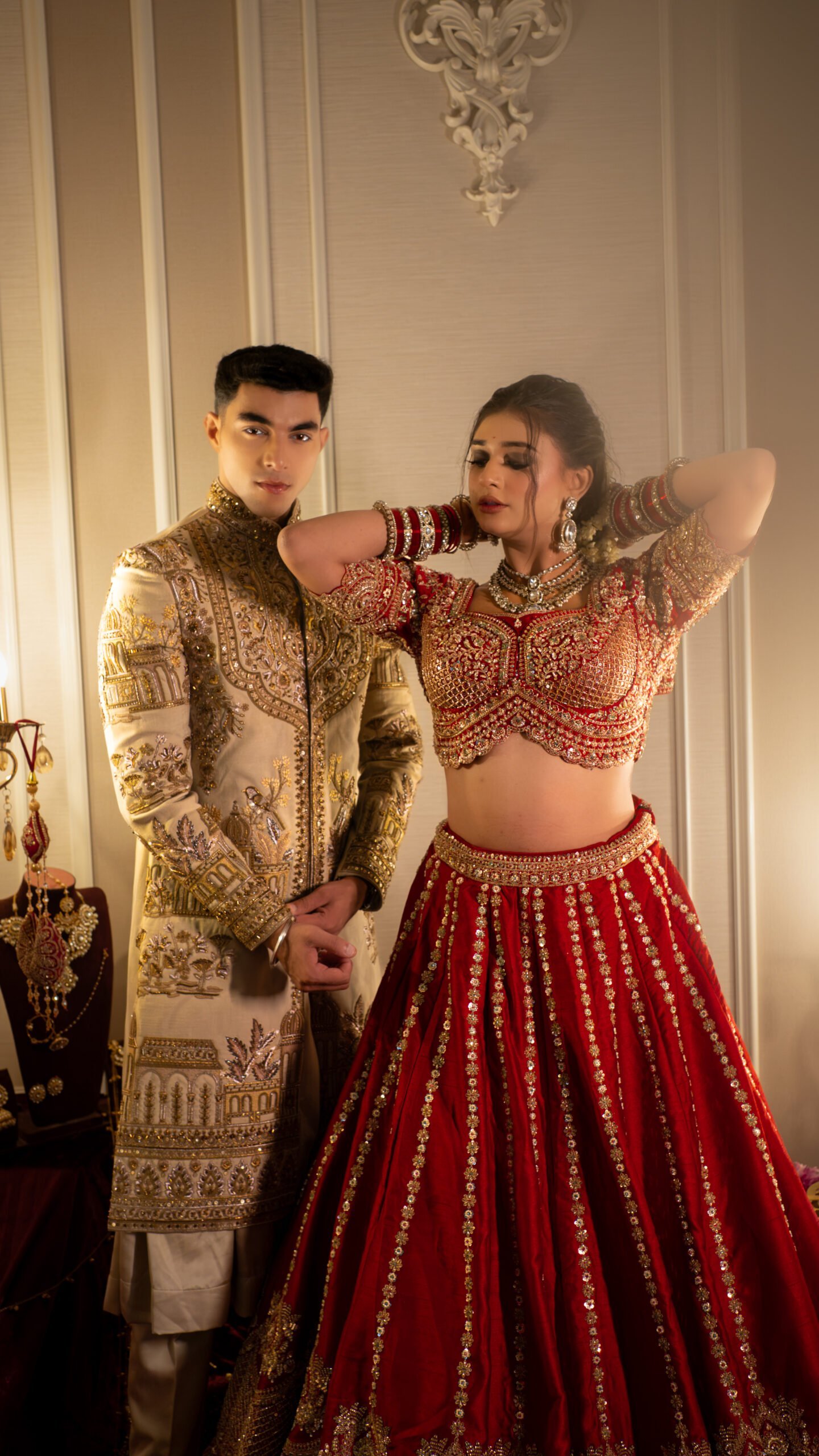 The Mangalarambh Collection: Royal Cherry Red Bridal Lehenga & Deep Oyster Kalakari Sherwani - Image 3