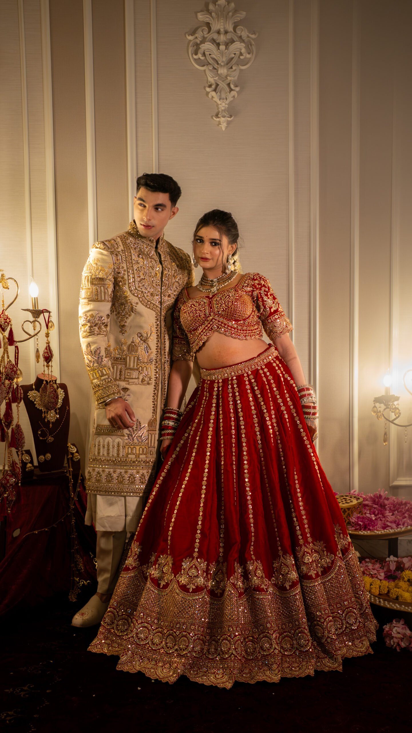 The Mangalarambh Collection: Royal Cherry Red Bridal Lehenga & Deep Oyster Kalakari Sherwani - Image 4