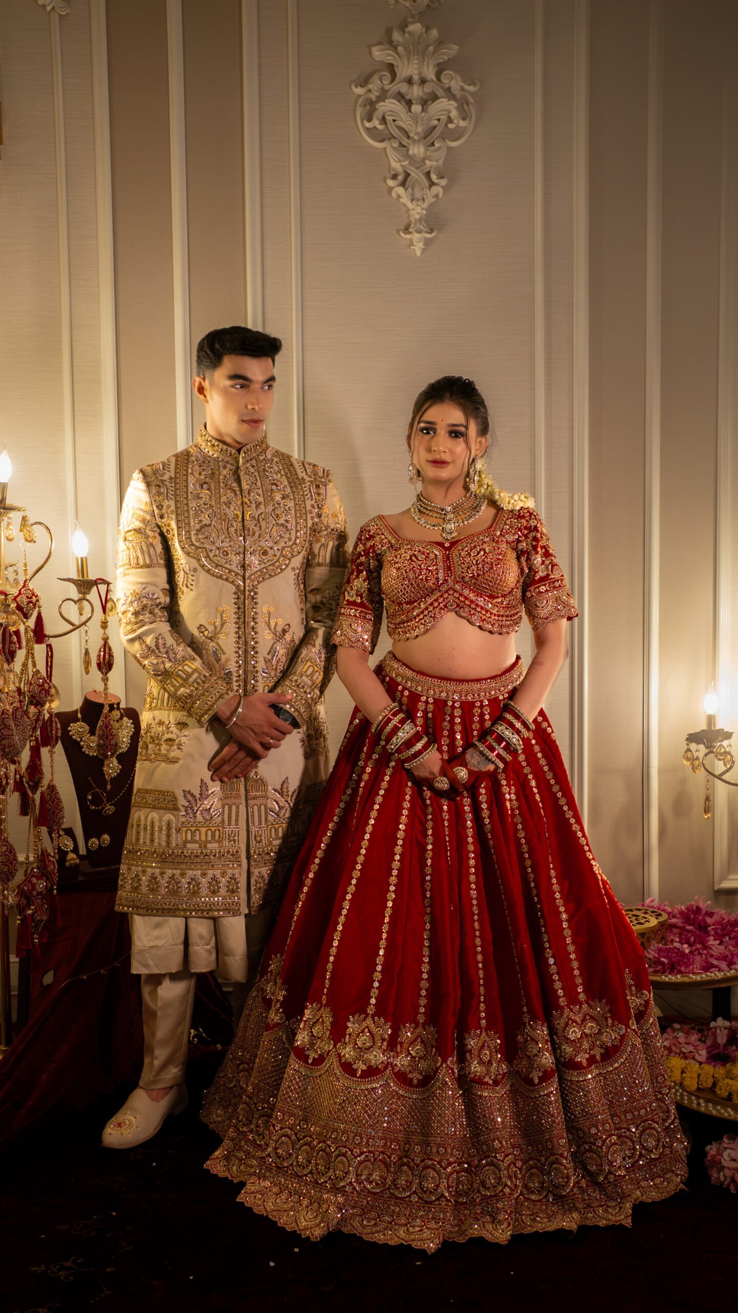 The Mangalarambh Collection: Royal Cherry Red Bridal Lehenga & Deep Oyster Kalakari Sherwani