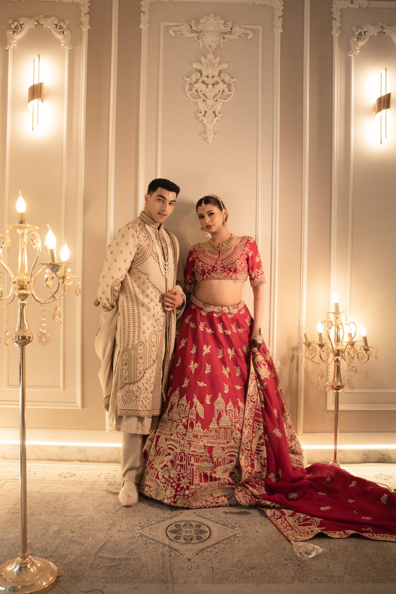 The Heritage Couture Ensemble: Imperial Cherry Red Pure Silk Lehenga & Deep Oyster Sherwani - Image 4