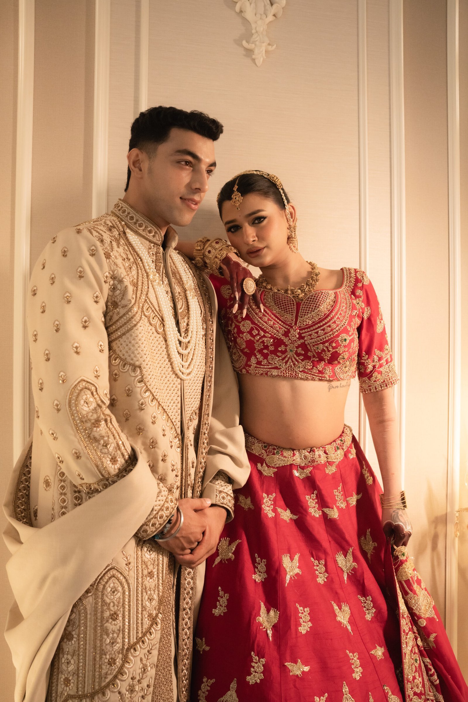 The Heritage Couture Ensemble: Imperial Cherry Red Pure Silk Lehenga & Deep Oyster Sherwani - Image 5
