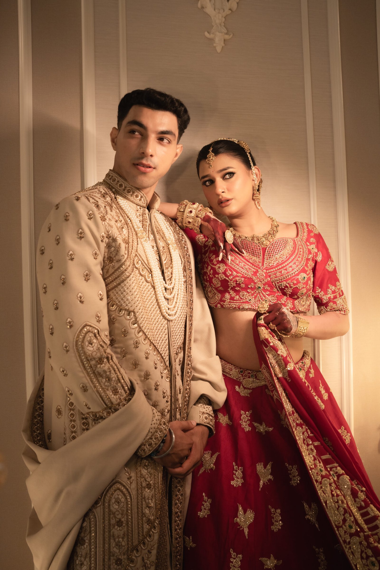 The Heritage Couture Ensemble: Imperial Cherry Red Pure Silk Lehenga & Deep Oyster Sherwani - Image 2