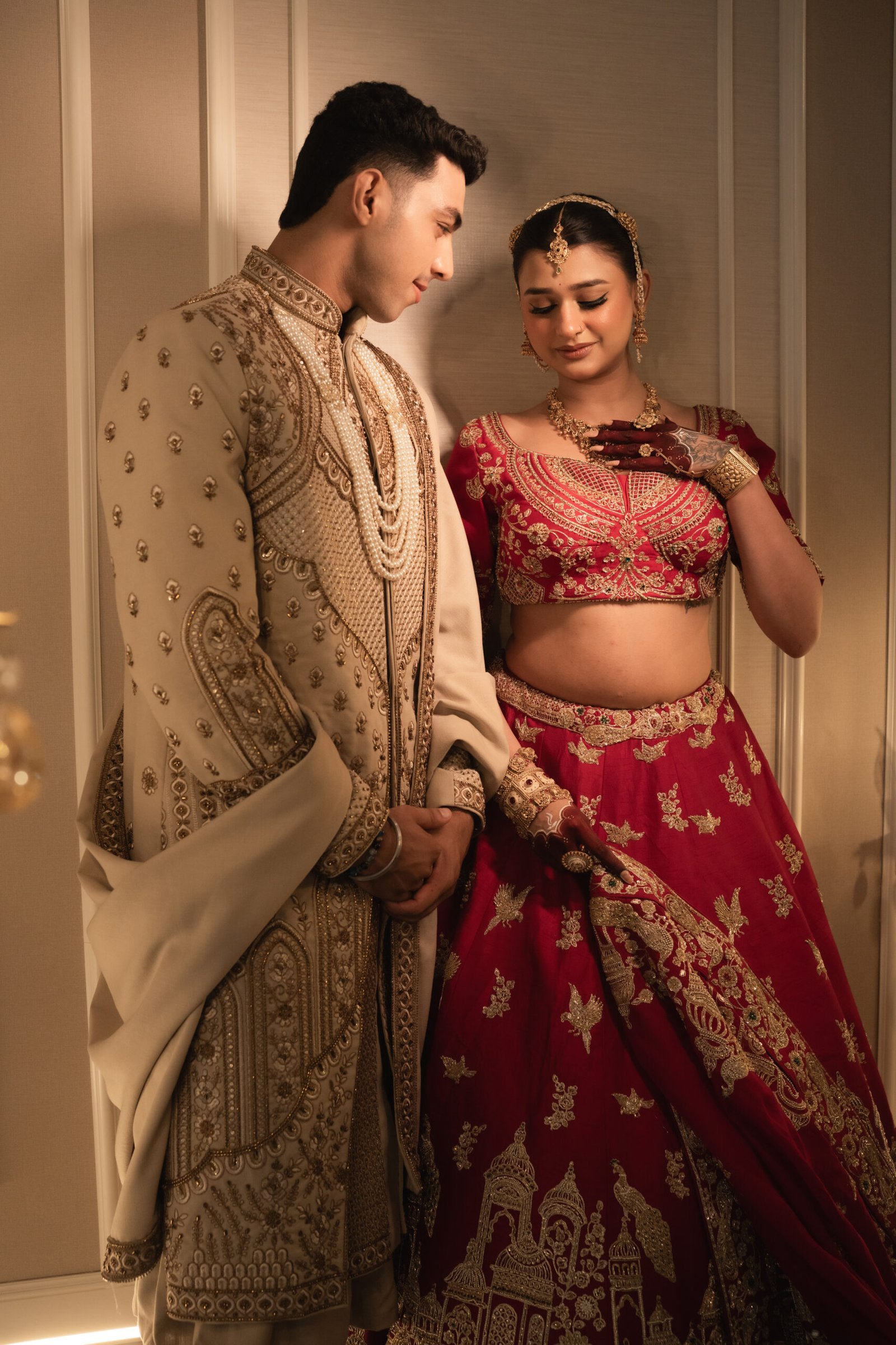 The Heritage Couture Ensemble: Imperial Cherry Red Pure Silk Lehenga & Deep Oyster Sherwani - Image 3