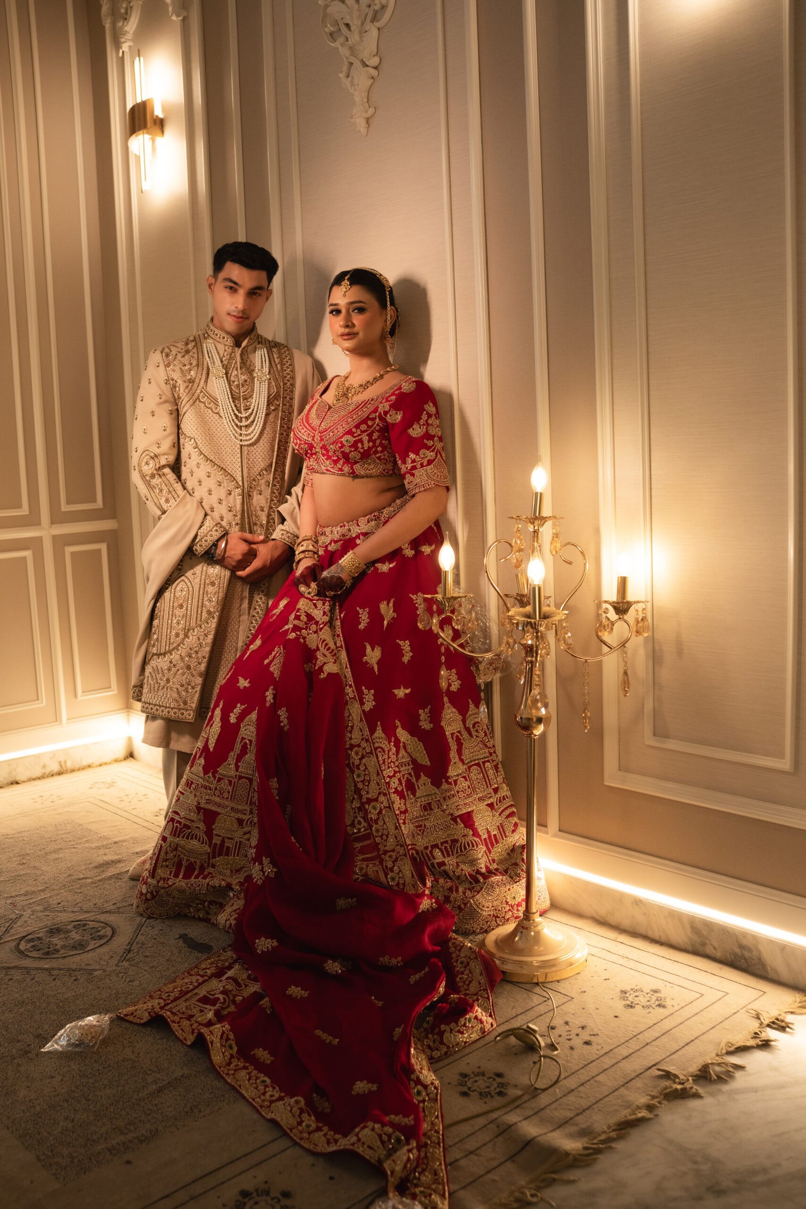 The Heritage Couture Ensemble: Imperial Cherry Red Pure Silk Lehenga & Deep Oyster Sherwani