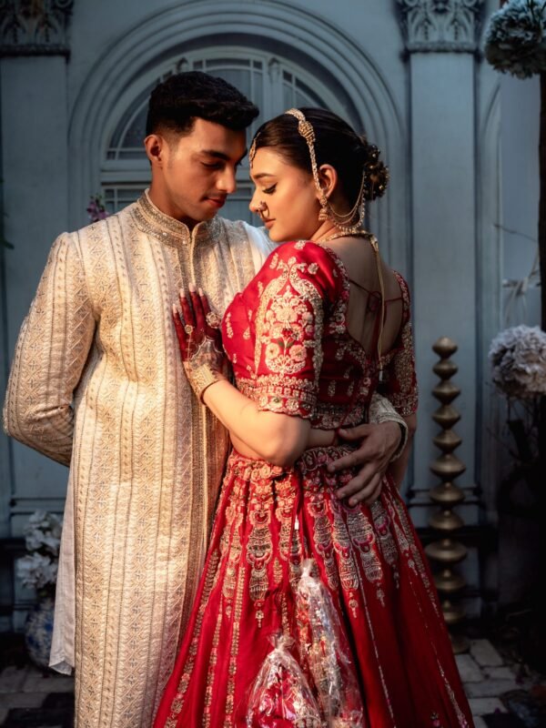 The Heritage Couture Ensemble: Deep Red Pure Silk Lehenga & Gold-Beige Sherwani