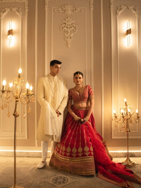 Royal Opulence: Imperial Cherry Red Sabyasachi-Inspired Bridal Lehenga