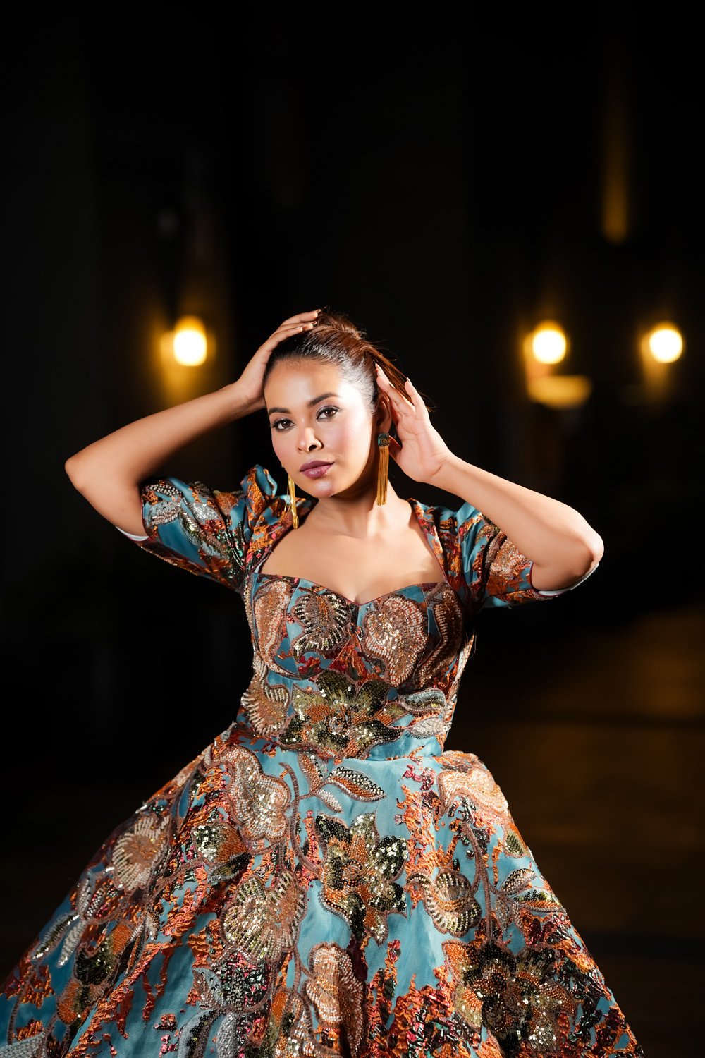 Blue Brown Floral Engagement Gown - Image 3