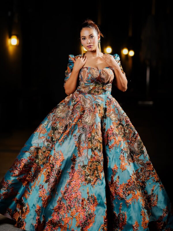 Blue Brown Floral Engagement Gown