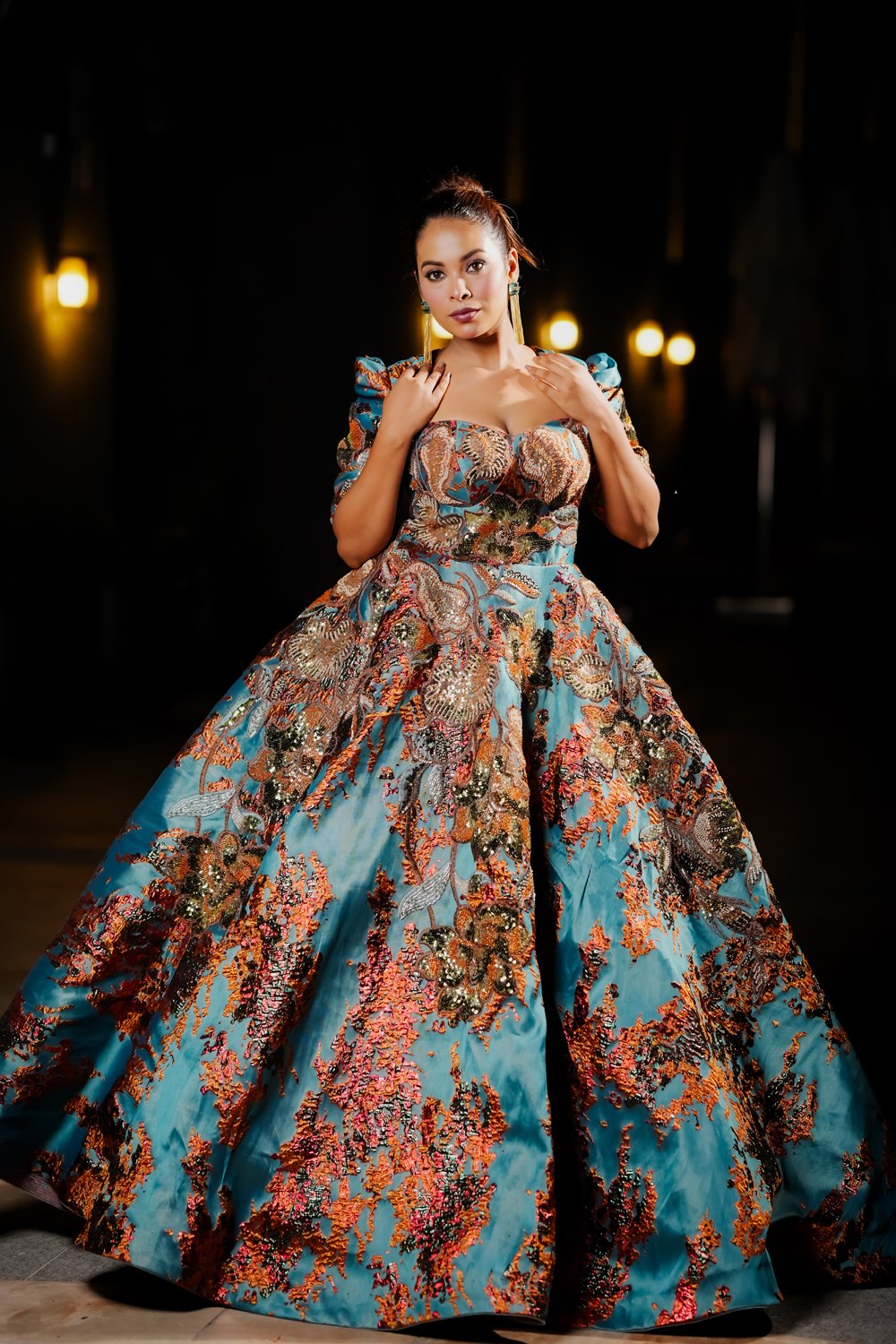 Blue Brown Floral Engagement Gown