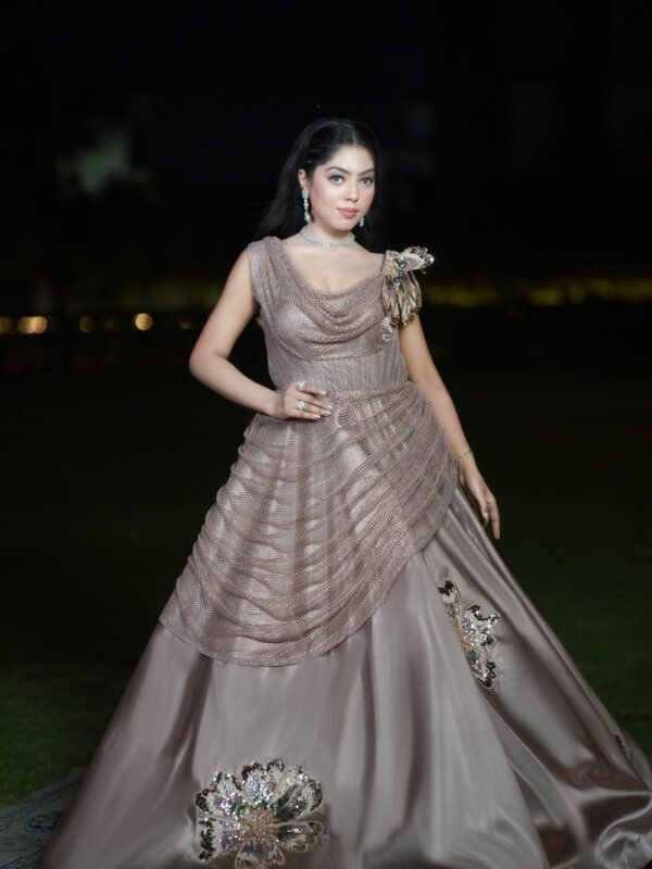 Taupe Draped Peacock Engagement Gown