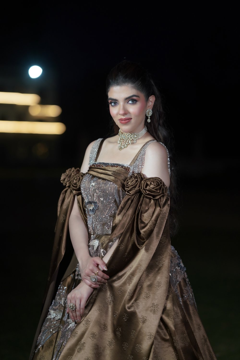 Mocha Elegance Cape Sleeve Engagement Gown - Image 2