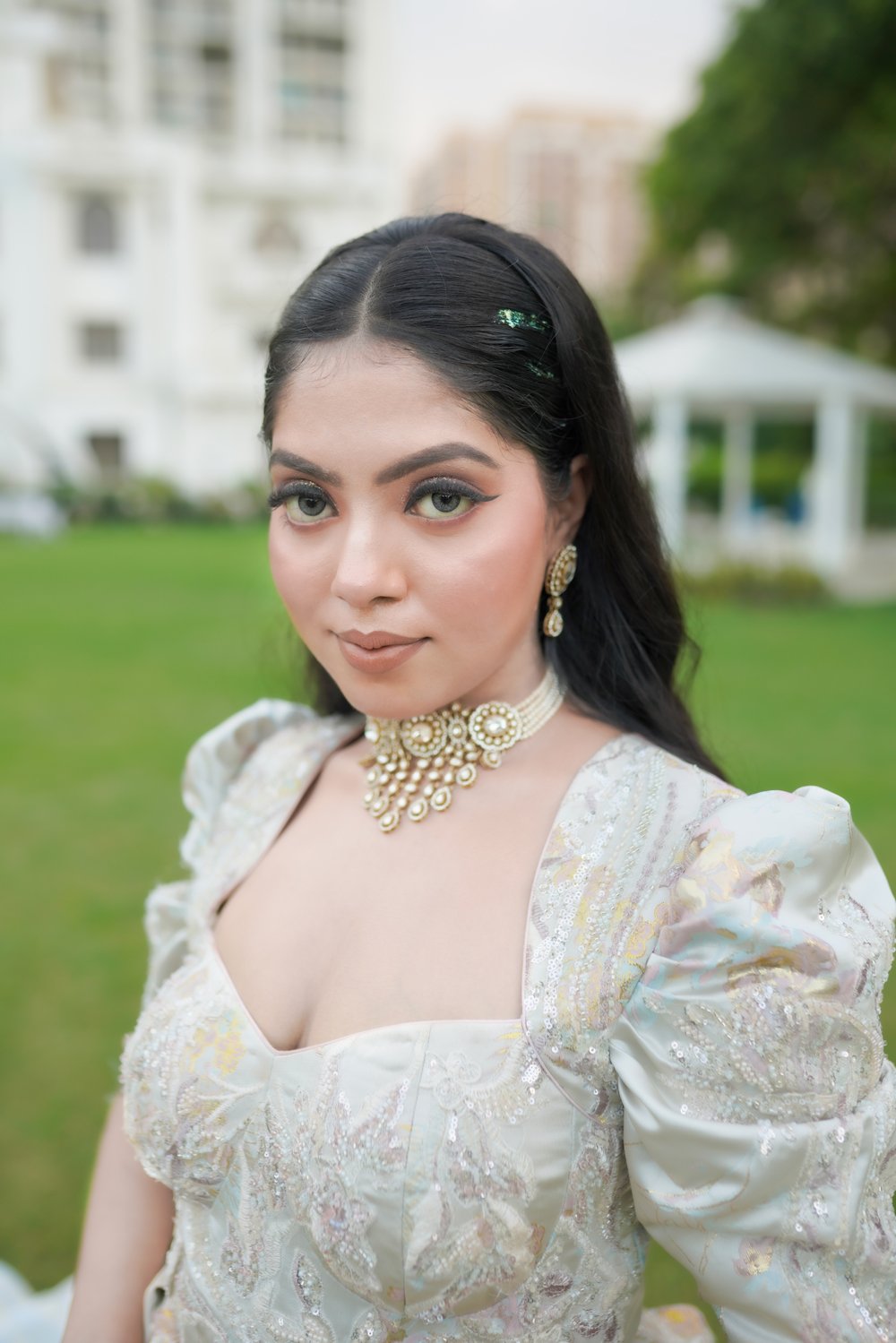 Silver Whisper Puffed Sleeve Engagement Gown - Image 5