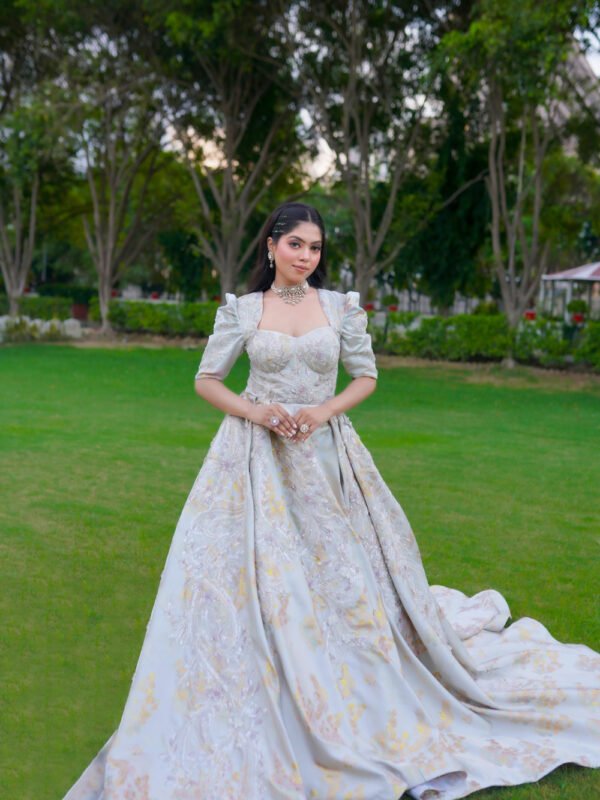 Silver Whisper Puffed Sleeve Engagement Gown ​