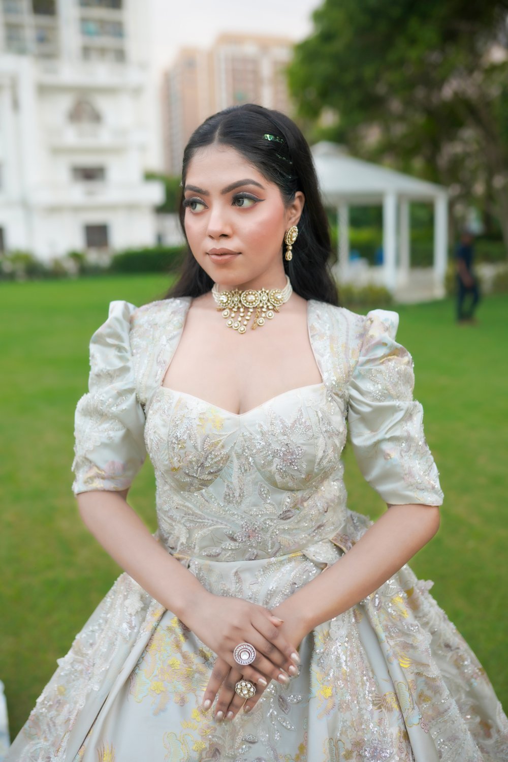 Silver Whisper Puffed Sleeve Engagement Gown - Image 3