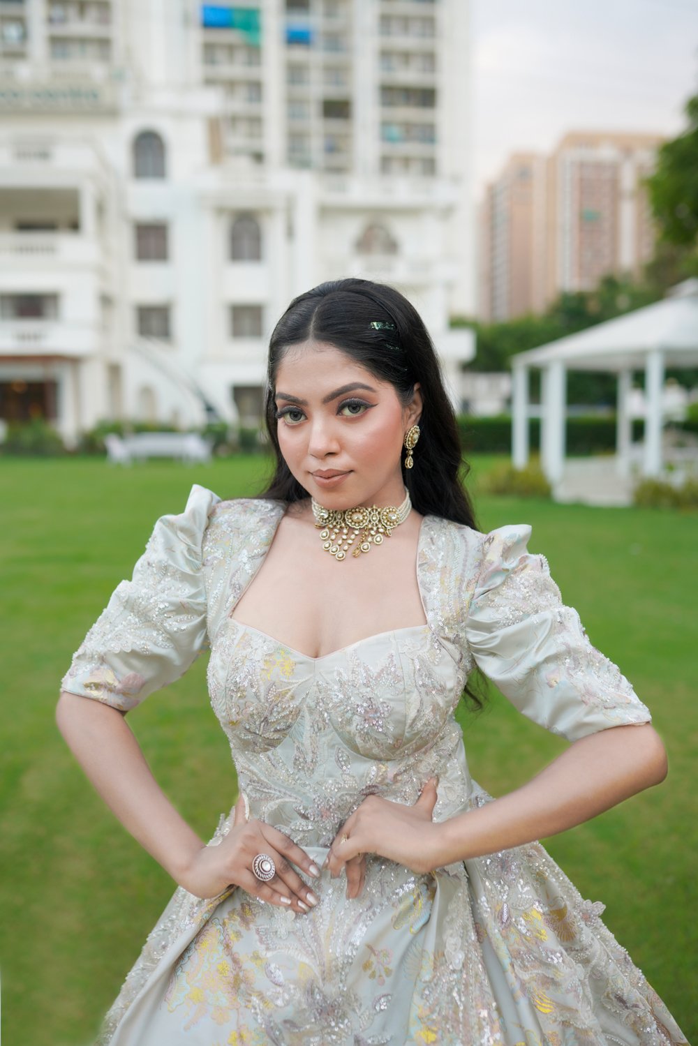 Silver Whisper Puffed Sleeve Engagement Gown - Image 2