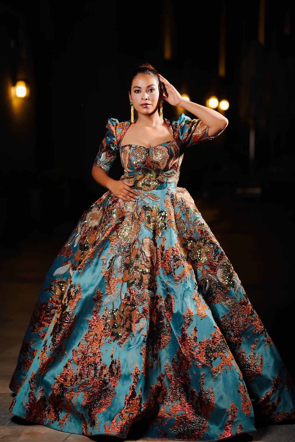 Blue Brown Floral Engagement Gown - Image 4