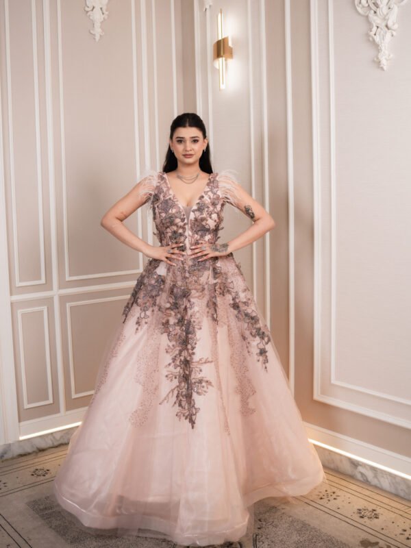 Blush Feathered Floral Gown