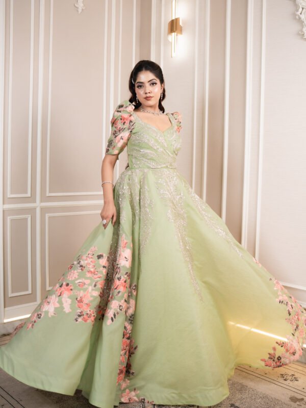 Sage Meadow Floral Jacquard Gown