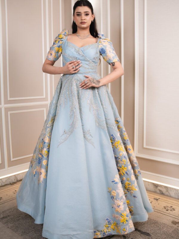Celeste Powder-Blue Floral Jacquard Gown