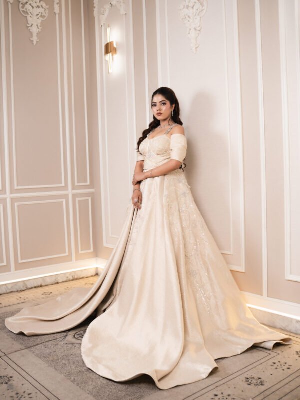 Ethereal Champagne Textured Off-Shoulder Ballgown