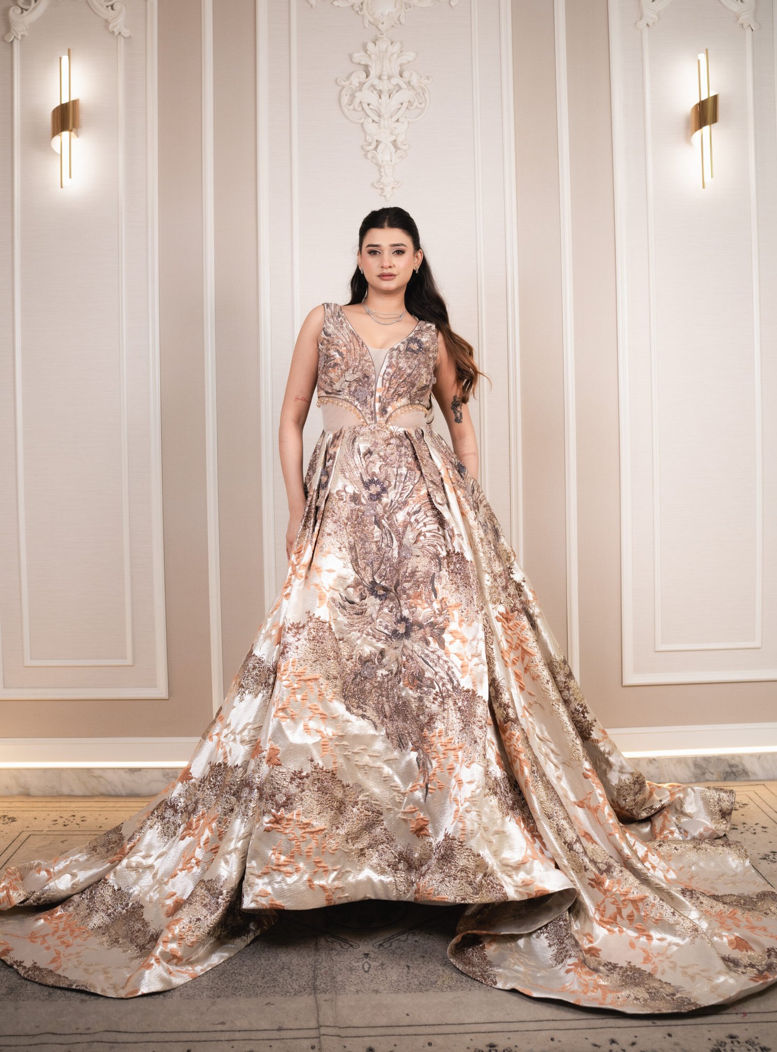 Aurelia Rose-Gold Jacquard Cutout Gown - Image 5