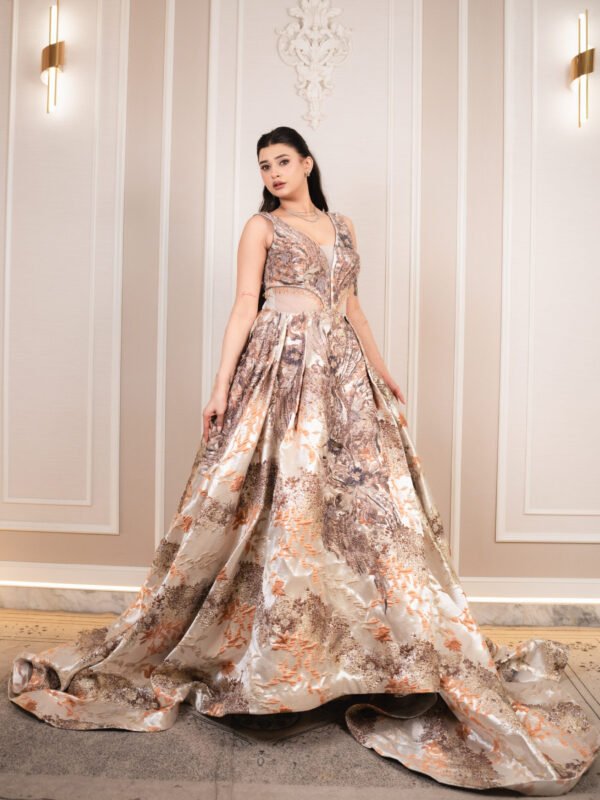 Aurelia Rose-Gold Jacquard Cutout Gown