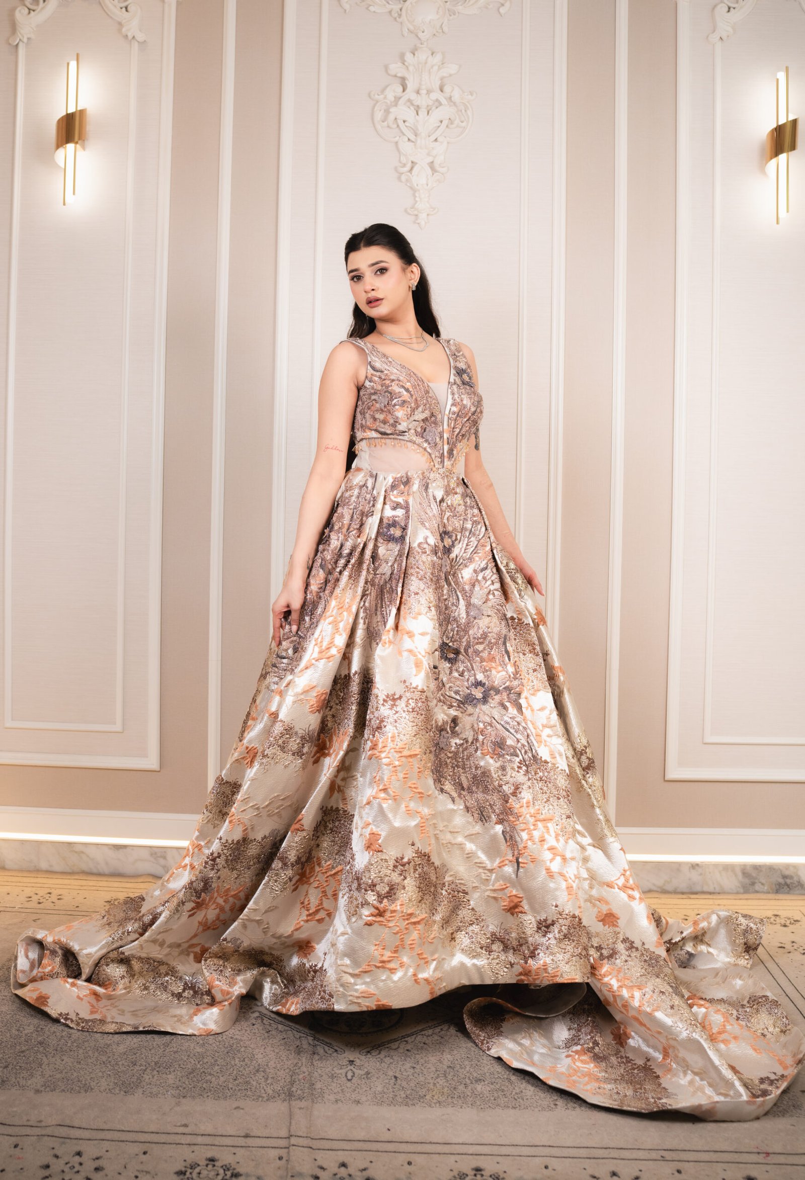 Aurelia Rose-Gold Jacquard Cutout Gown