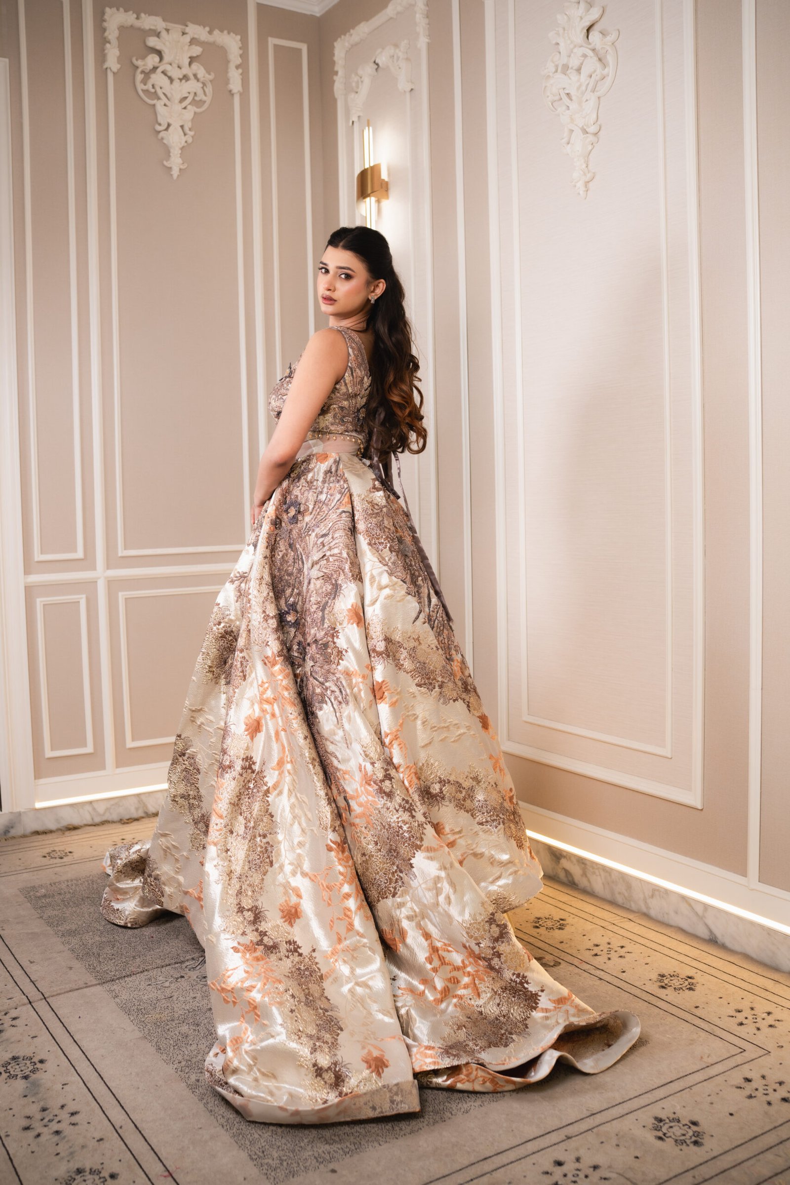 Aurelia Rose-Gold Jacquard Cutout Gown - Image 4