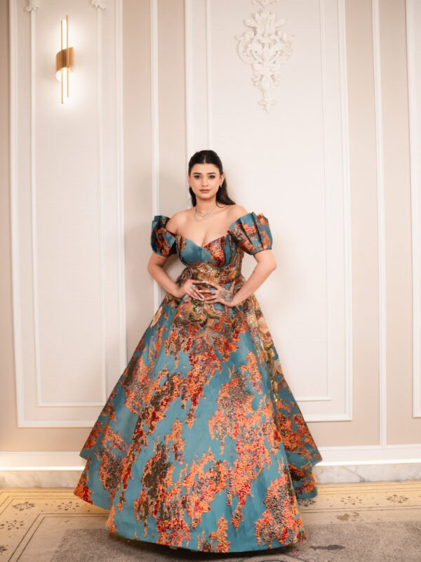 Celeste Teal & Copper Brocade Corset Gown