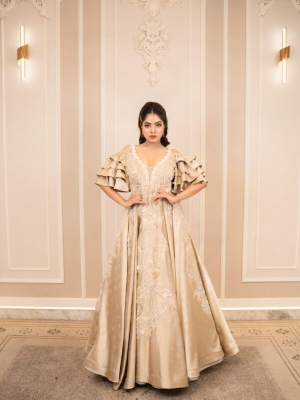 Aurelia Champagne Tiered-Sleeve Gown