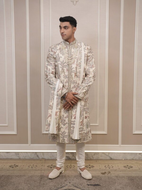 Ivory Pichwai Embroidered Sherwani Set